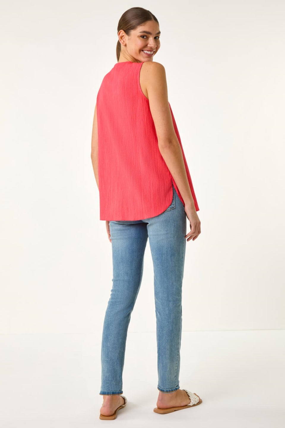 Roman Coral Textured Pleat Front Vest Top