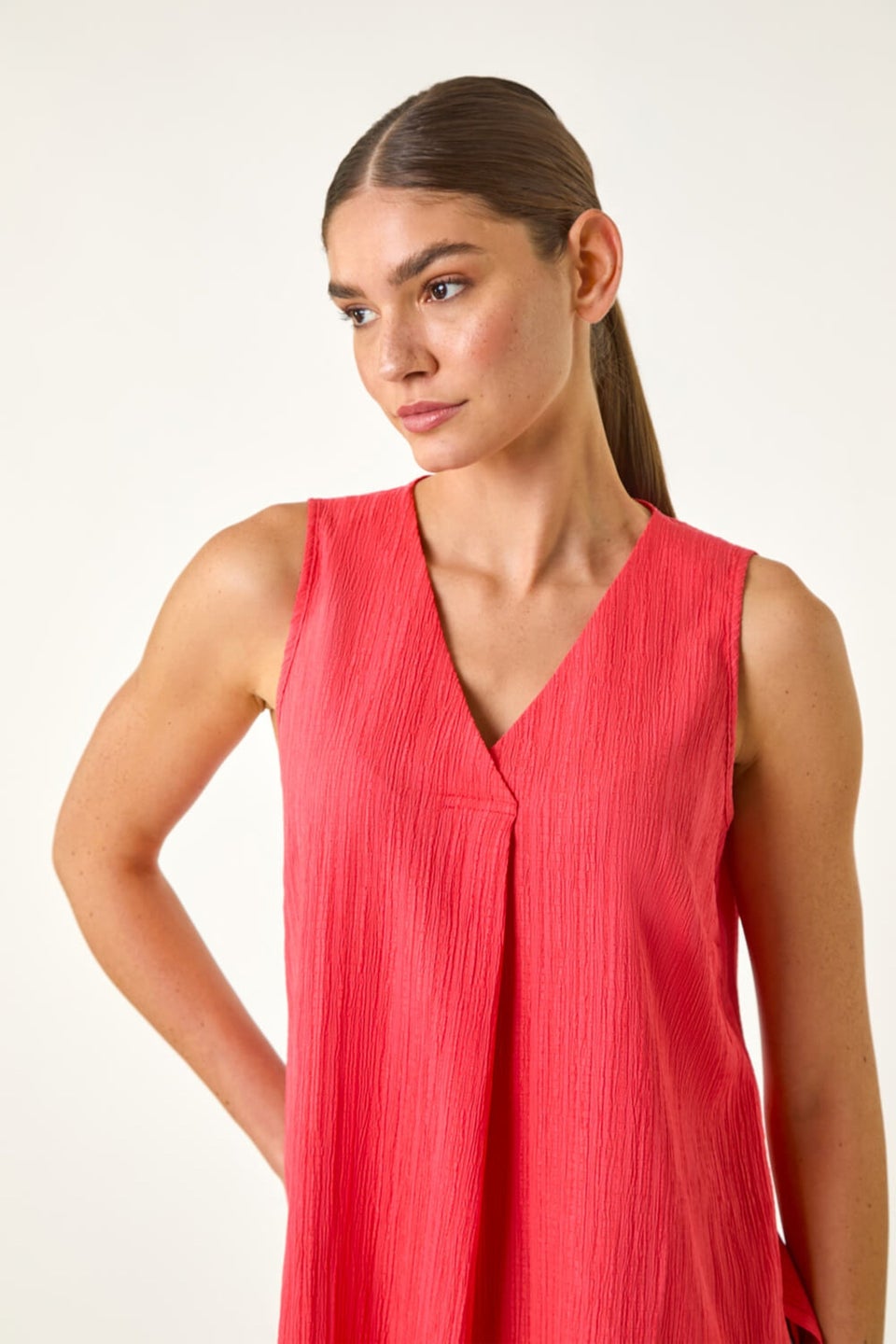Roman Coral Textured Pleat Front Vest Top