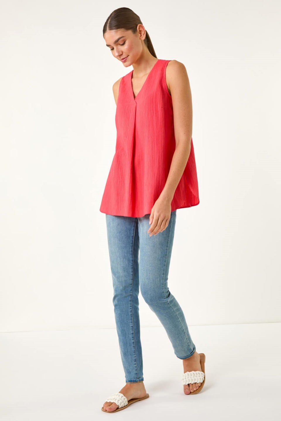 Roman Coral Textured Pleat Front Vest Top