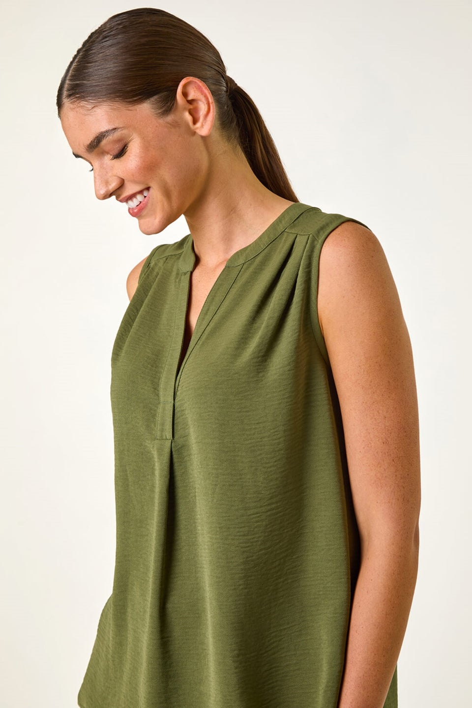 Roman Khaki V Neck Front Pleat Vest Top
