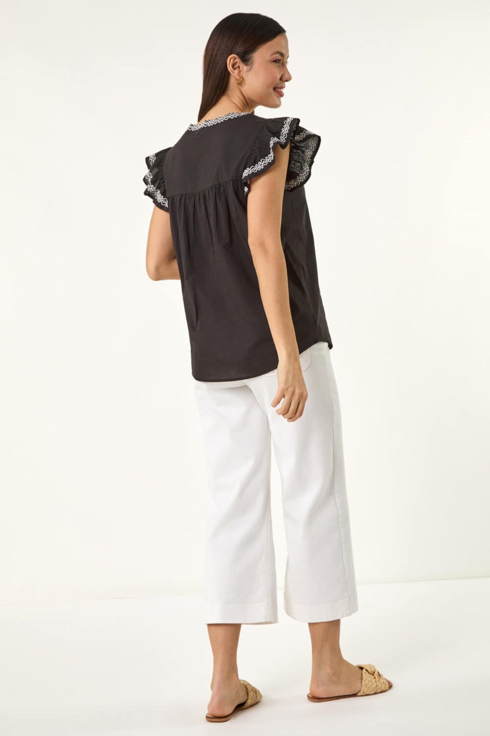 Roman Black Embroidered Tie Front Top