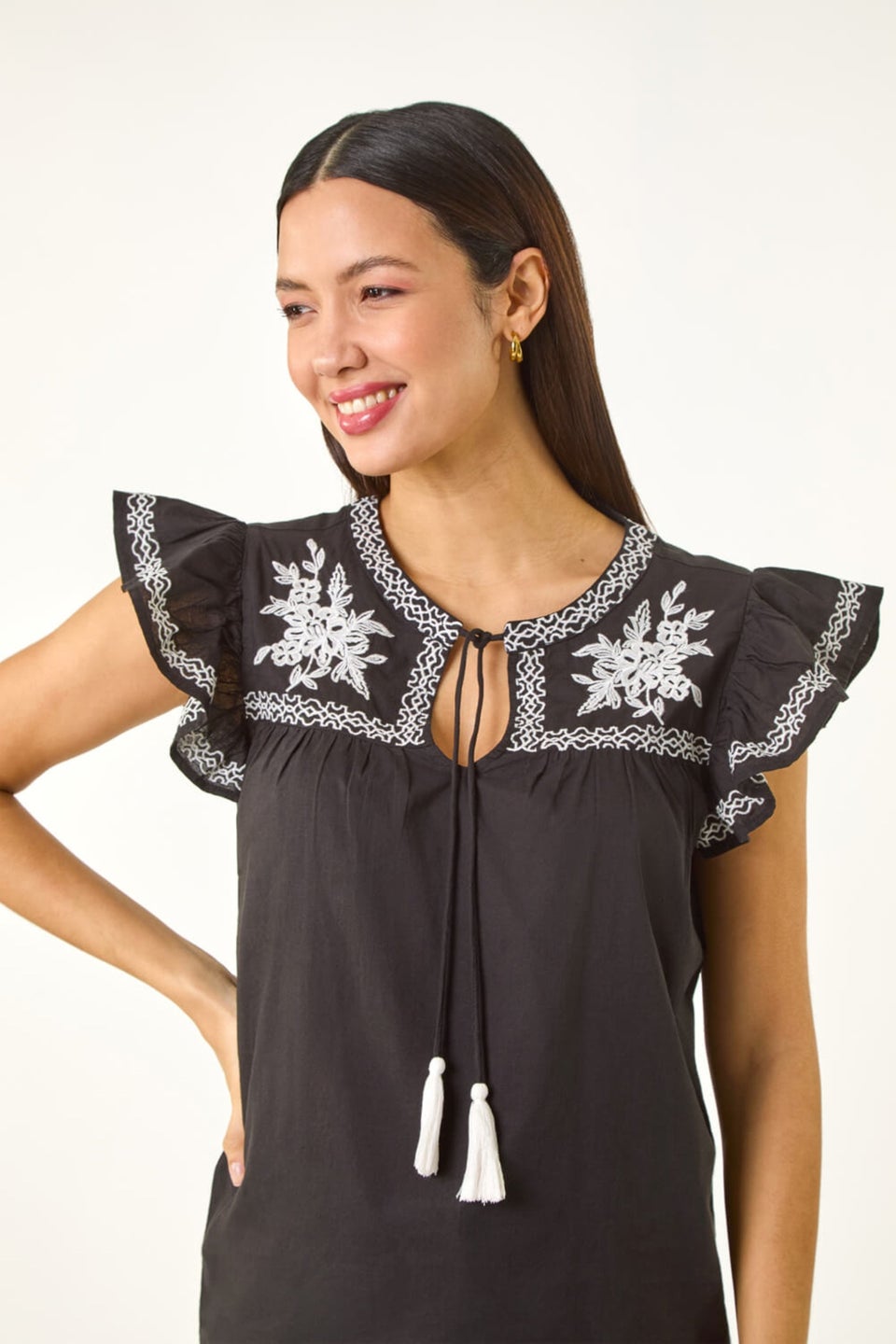 Roman Black Embroidered Tie Front Top
