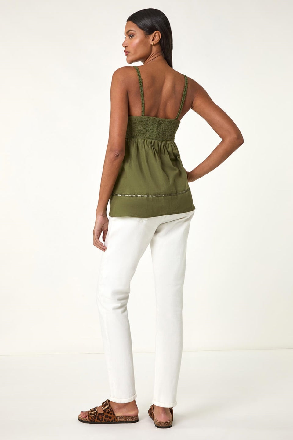 Roman Khaki Crochet V Neck Cami Top