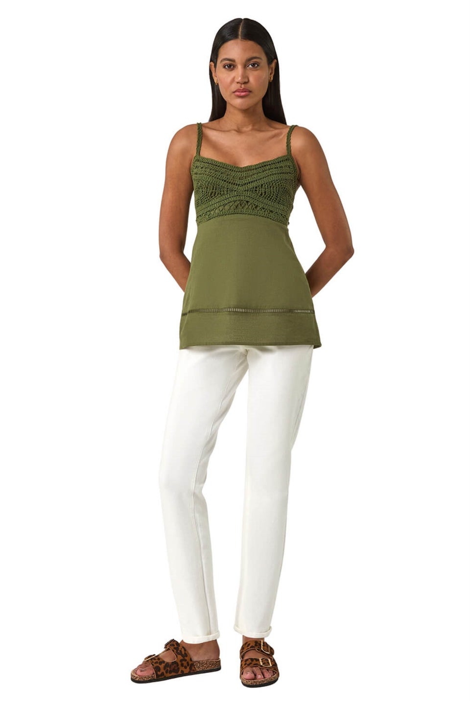 Roman Khaki Crochet V Neck Cami Top