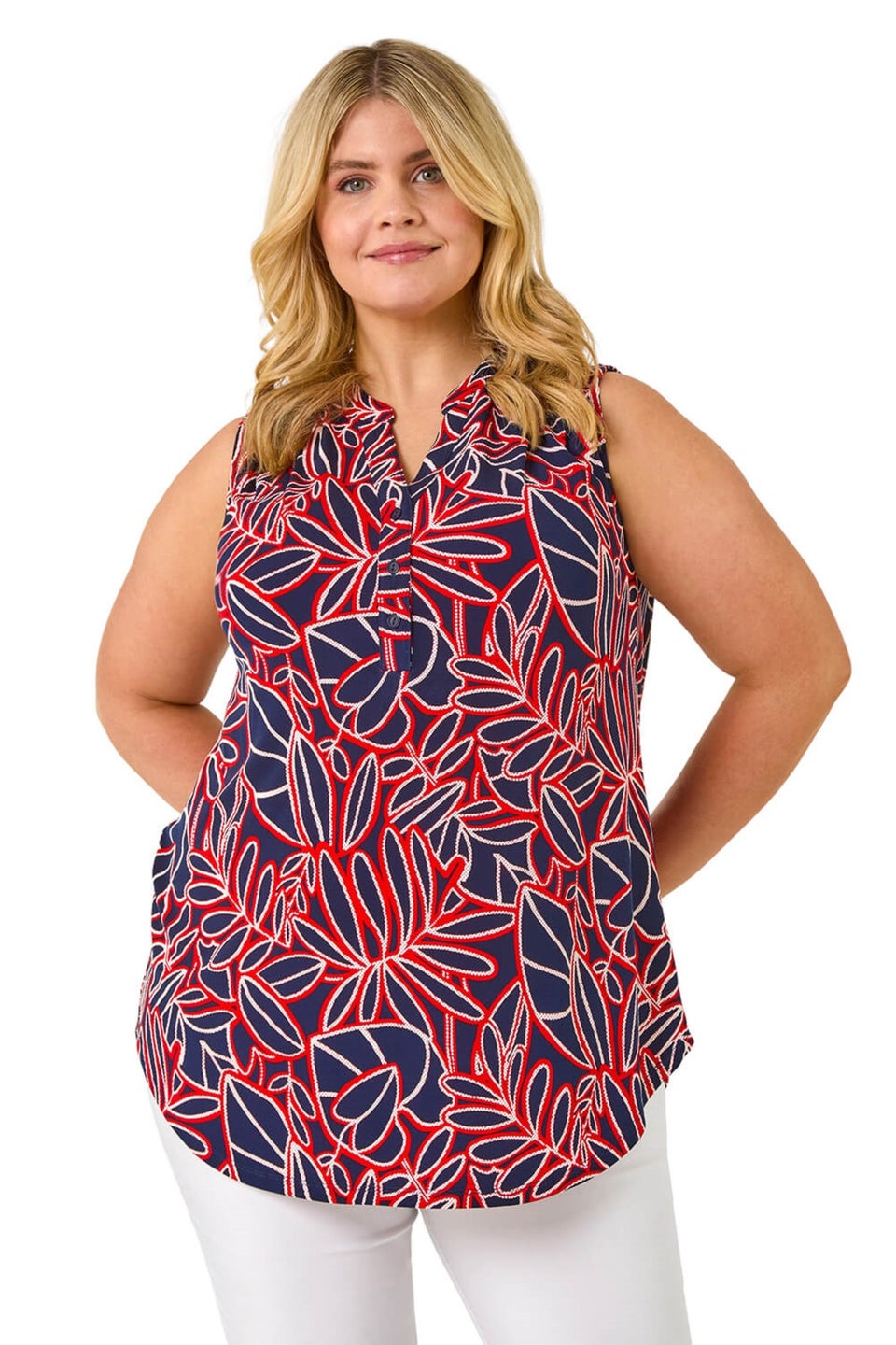 Roman Red Curve Textured Leaf Print Vest Top