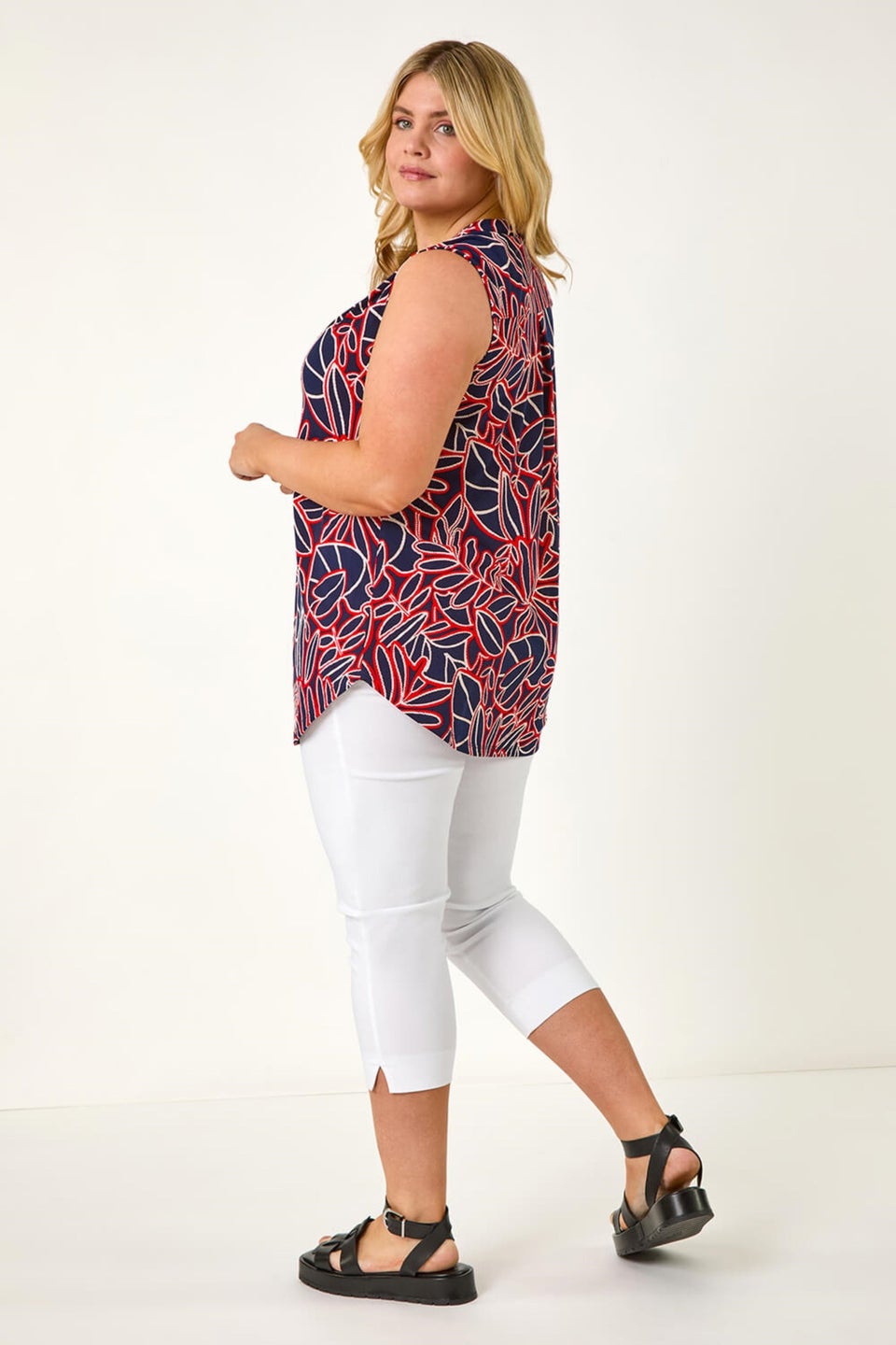Roman Red Curve Textured Leaf Print Vest Top