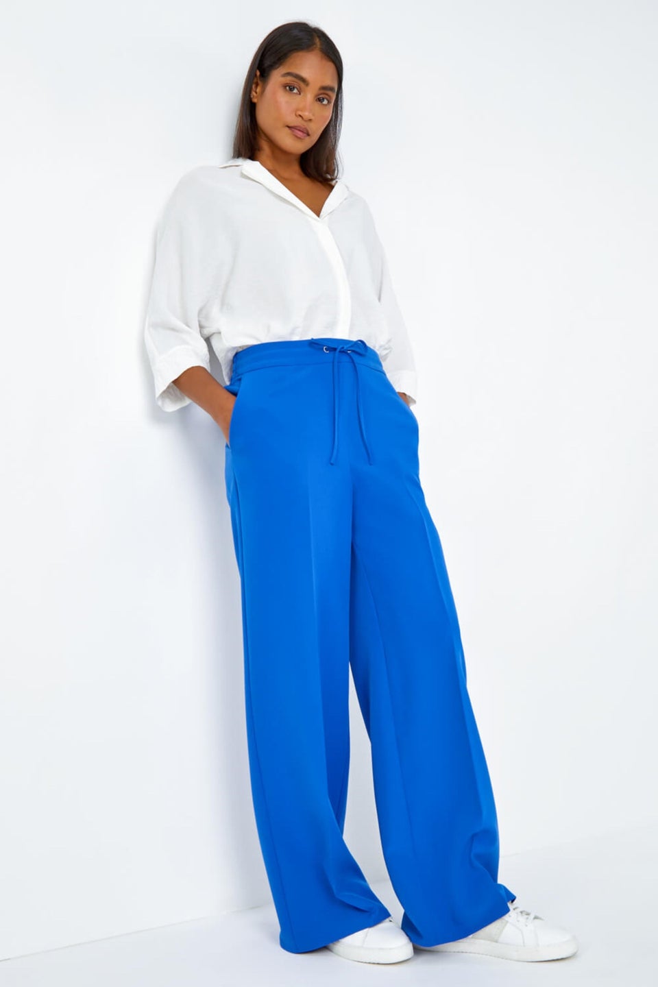 Roman Royal Blue Wide Leg Elastic Waist Tie Front Trouser