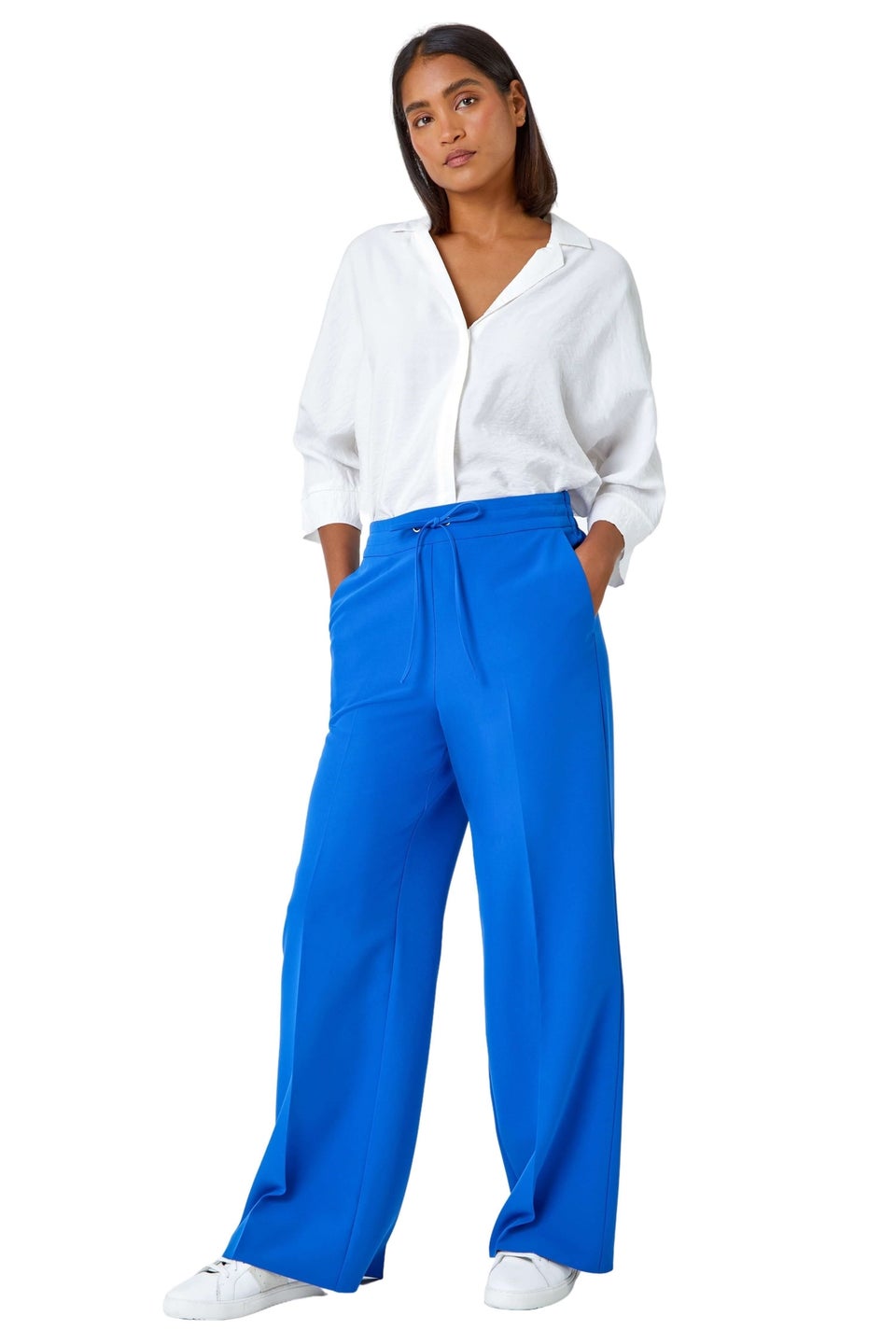 Roman Royal Blue Wide Leg Elastic Waist Tie Front Trouser