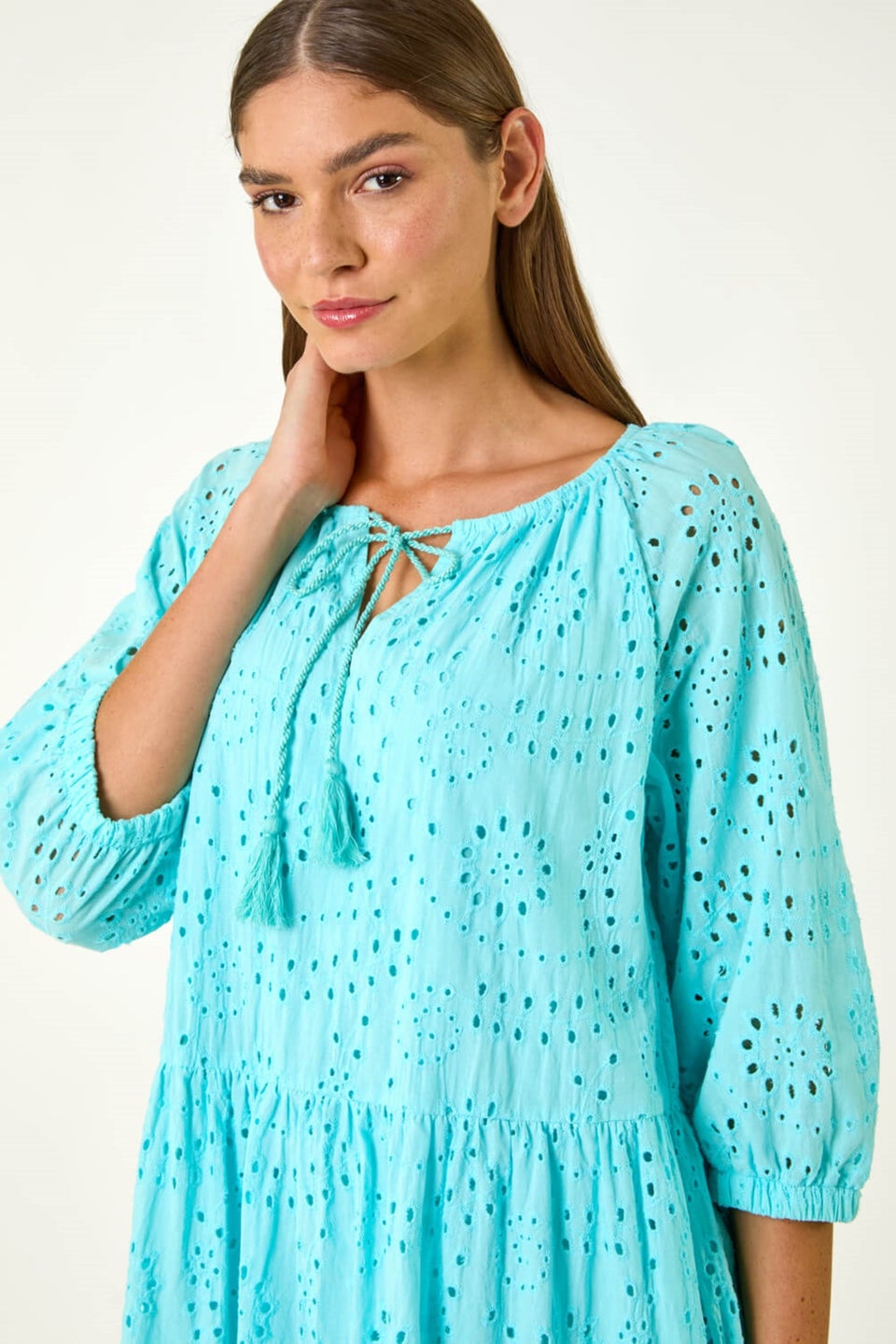 Roman Aqua Cotton Broderie Tiered Smock Dress