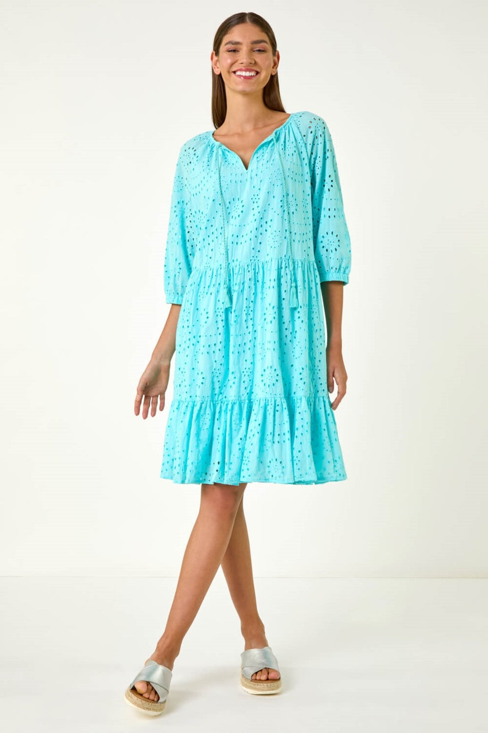Roman Aqua Cotton Broderie Tiered Smock Dress