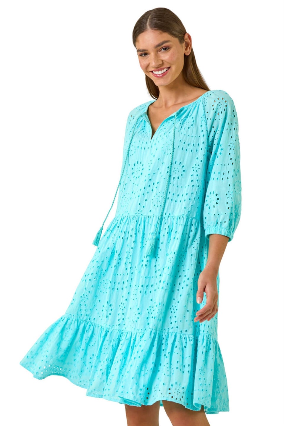Roman Aqua Cotton Broderie Tiered Smock Dress