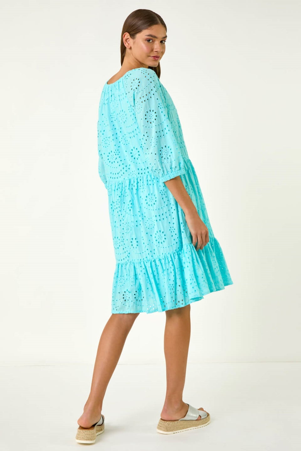 Roman Aqua Cotton Broderie Tiered Smock Dress