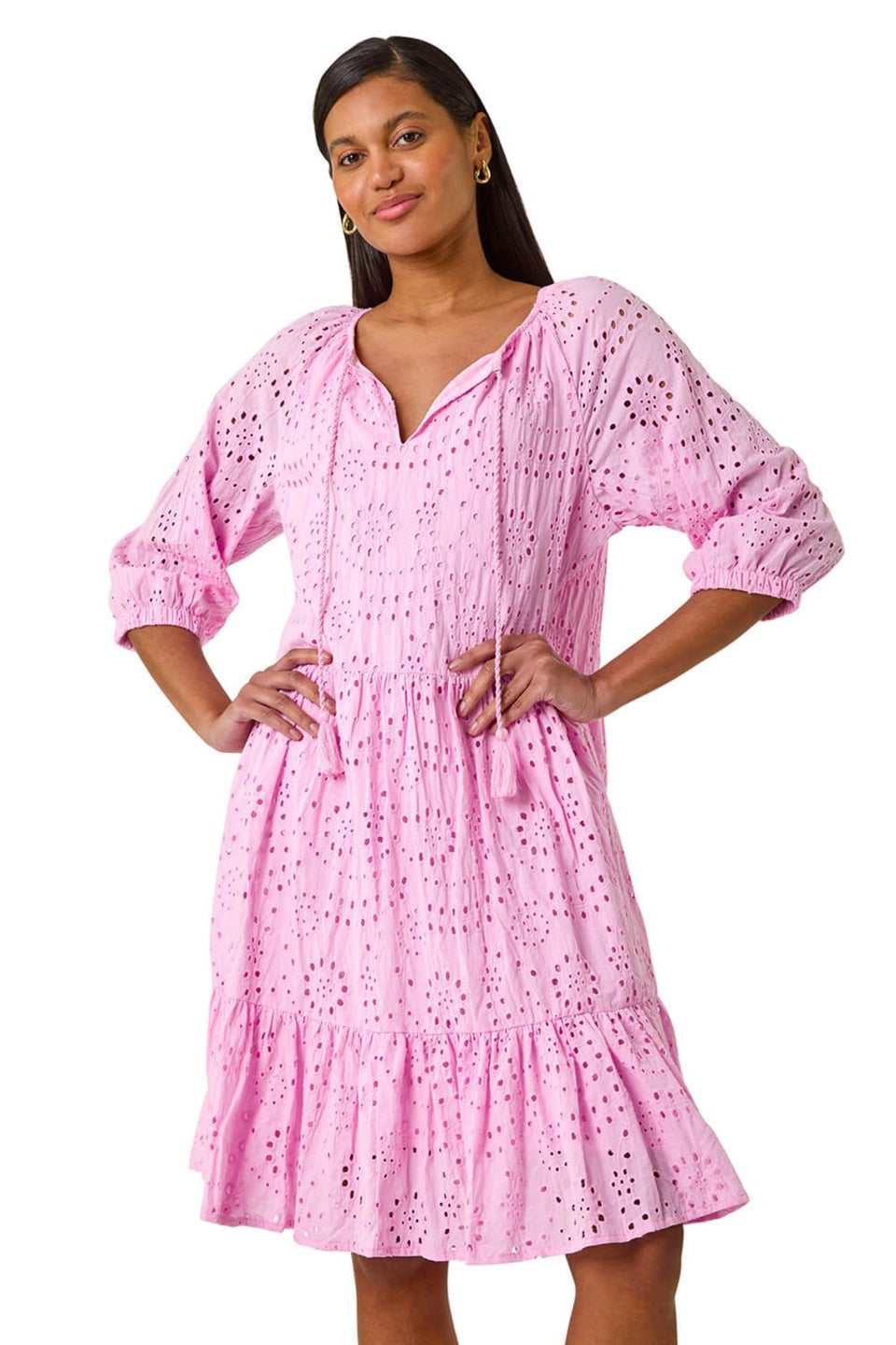 Roman Pink Cotton Broderie Tiered Smock Dress