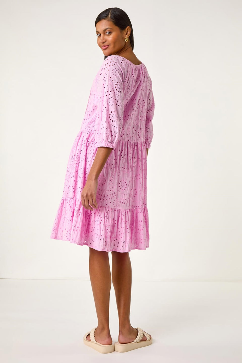 Roman Pink Cotton Broderie Tiered Smock Dress