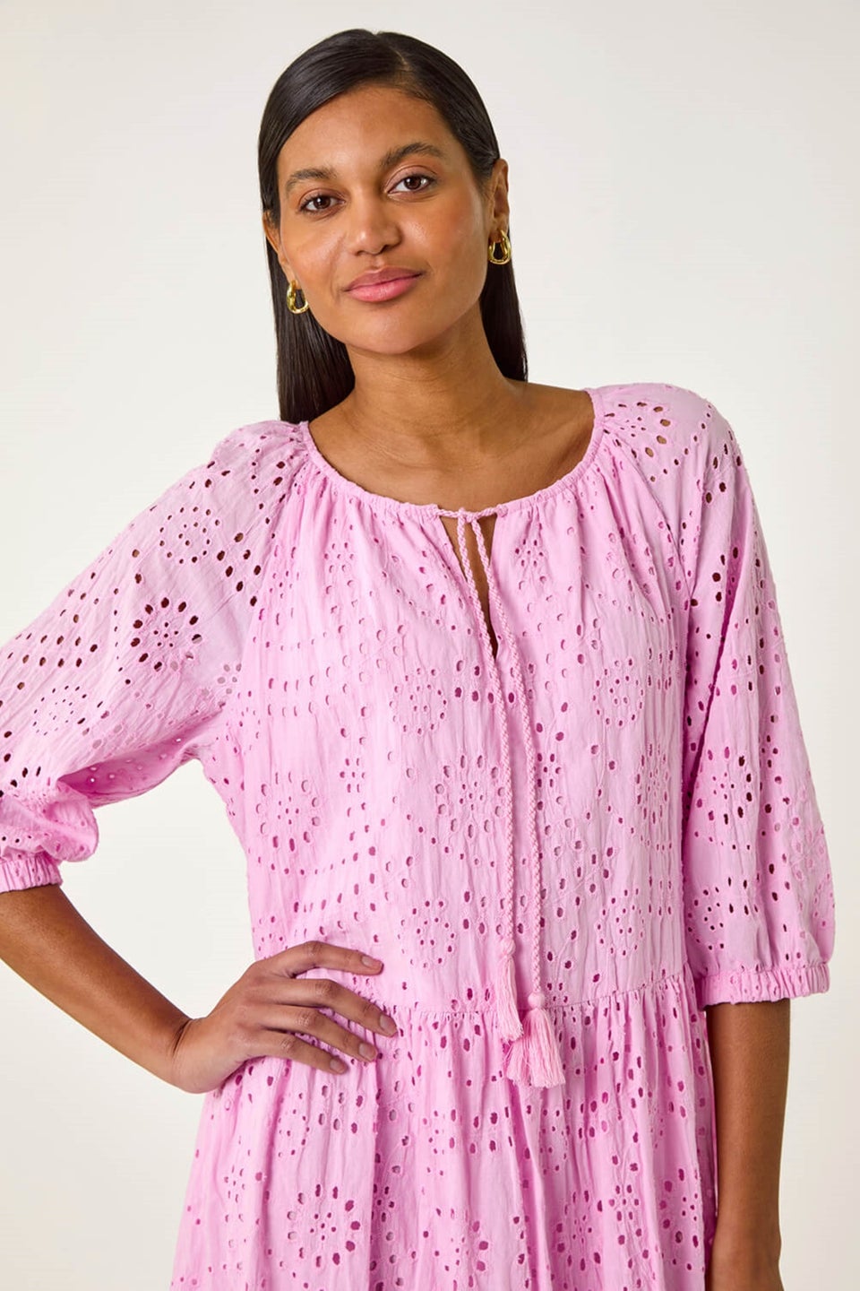 Roman Pink Cotton Broderie Tiered Smock Dress
