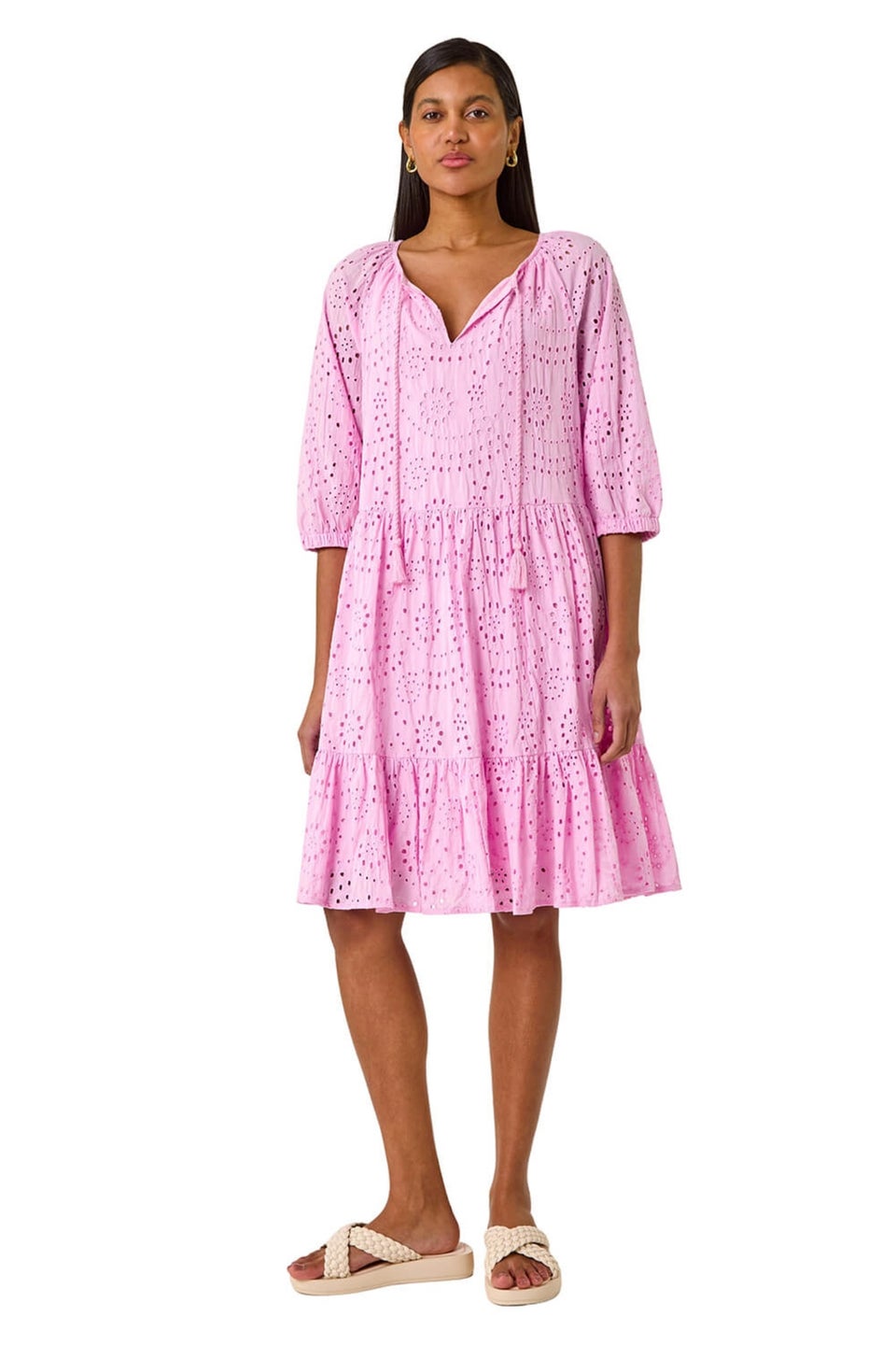 Roman Pink Cotton Broderie Tiered Smock Dress