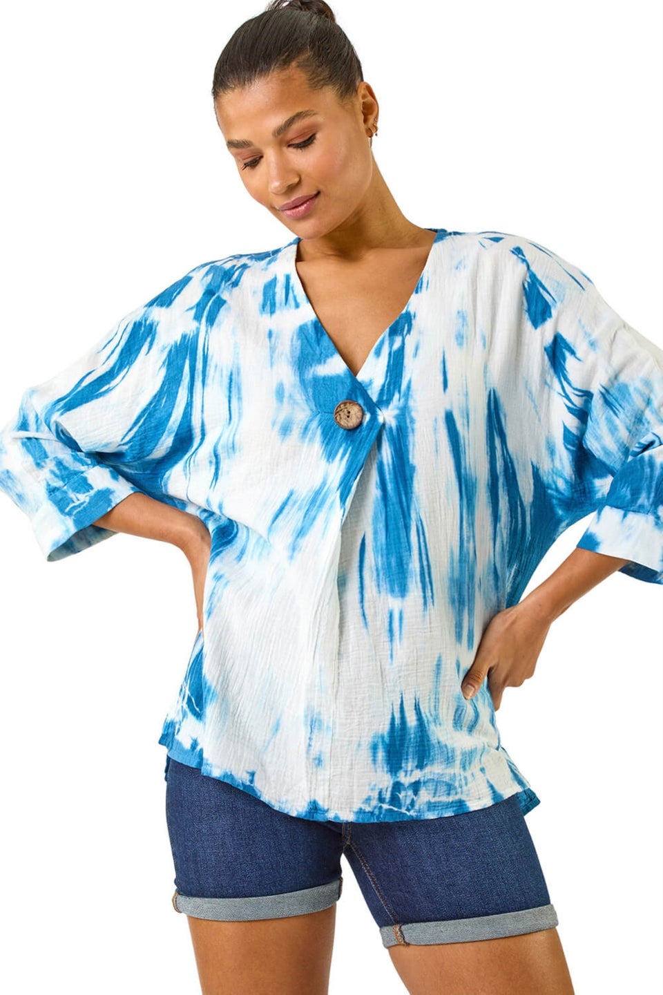 Roman Blue Tie Dye Print V Neck Tunic Top