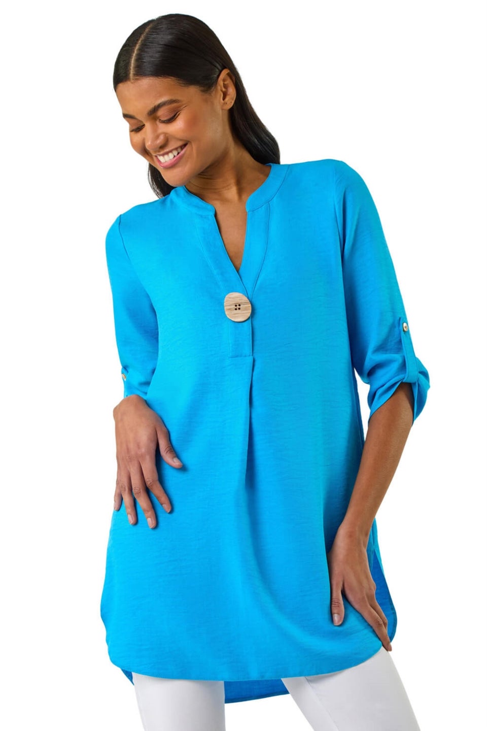 Roman Blue V Neck Button Detail Top