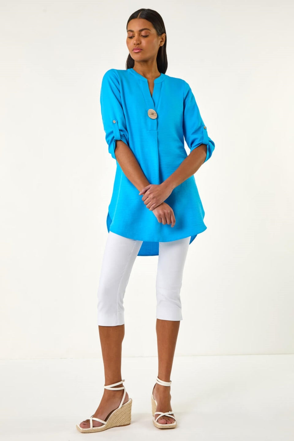 Roman Blue V Neck Button Detail Top