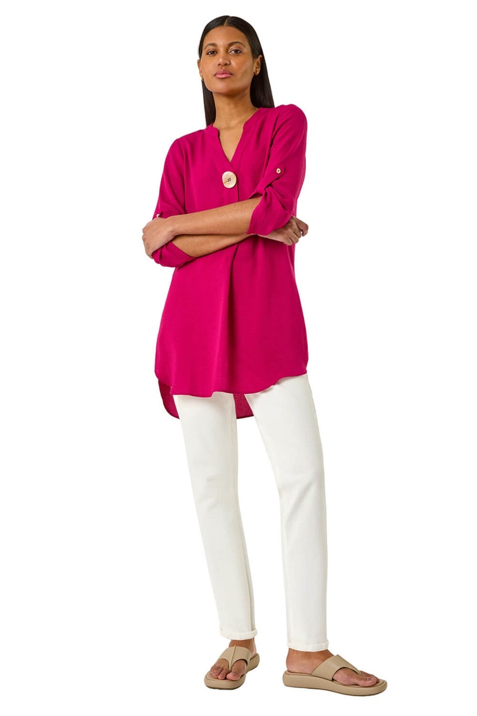 Roman Cerise V Neck Button Detail Top