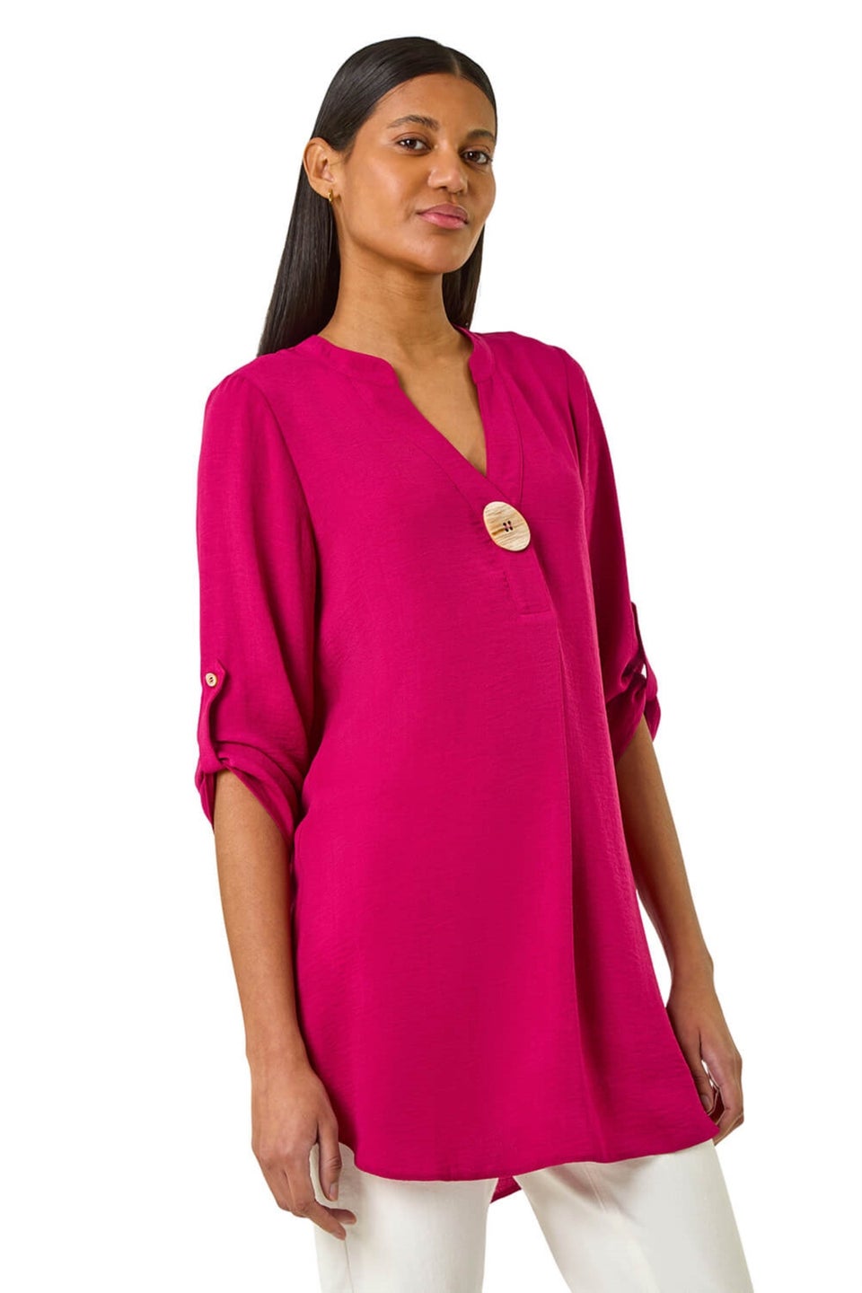 Roman Cerise V Neck Button Detail Top