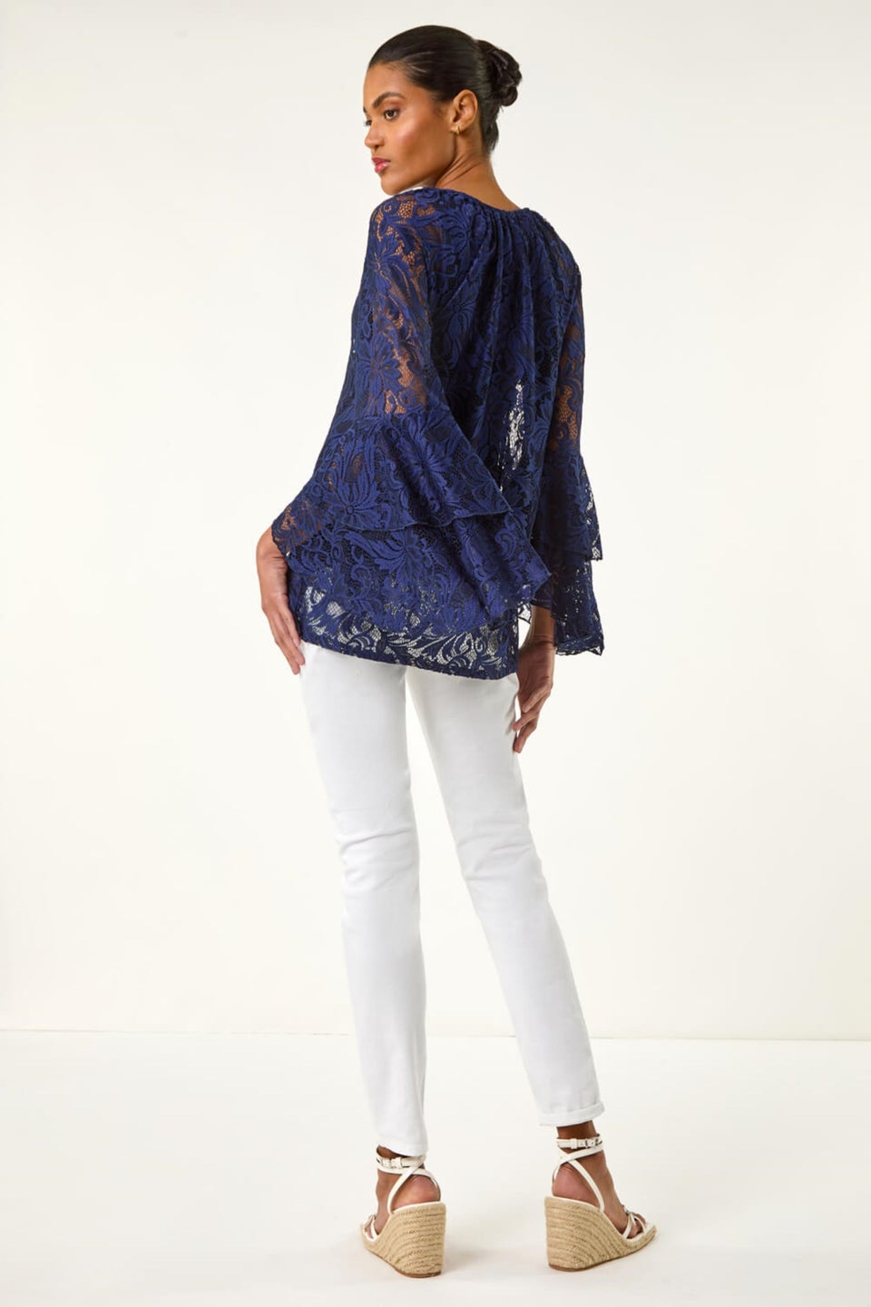 Roman Blue Tie Neck Lace Detail Top