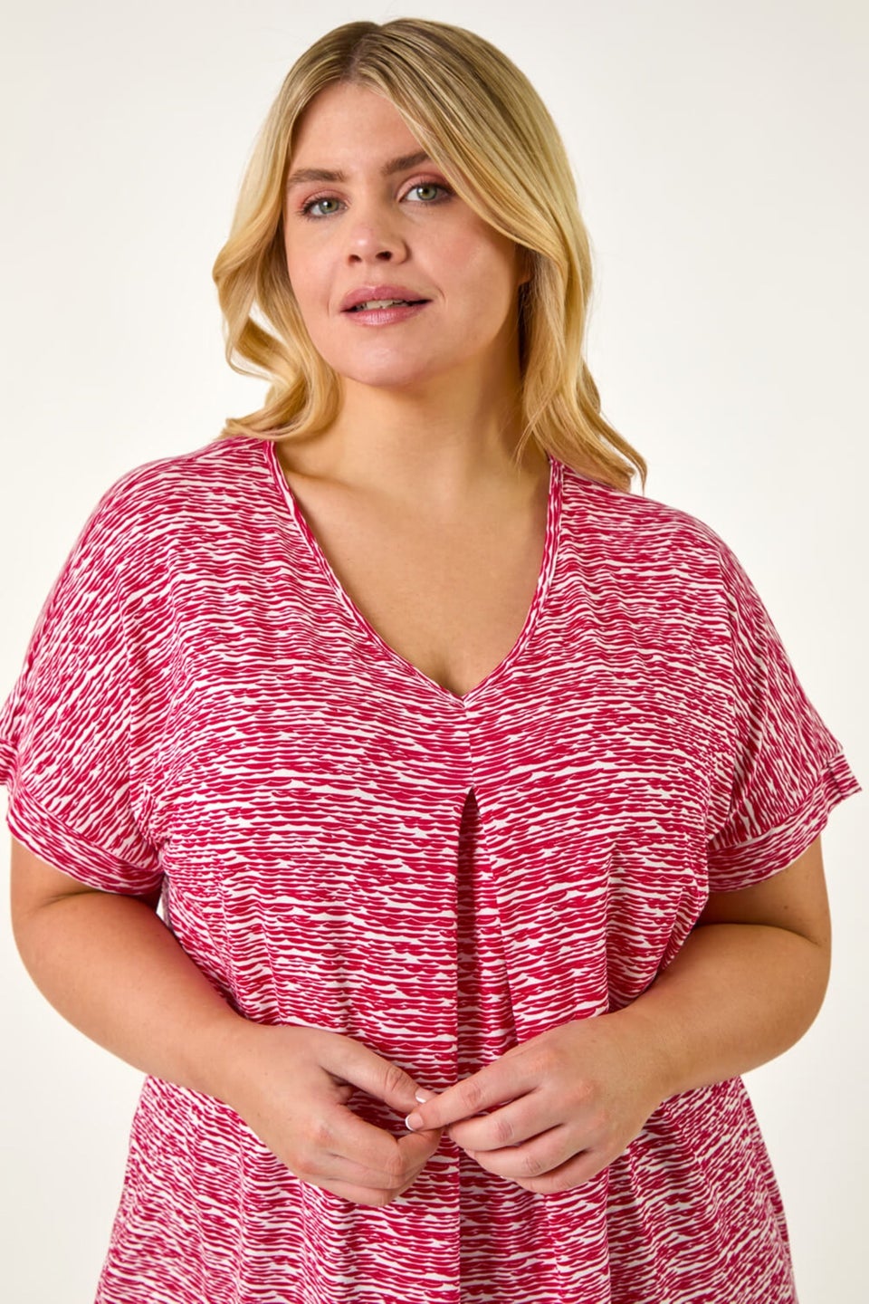 Roman Pink Curve Pleat Front Printed Stretch Top