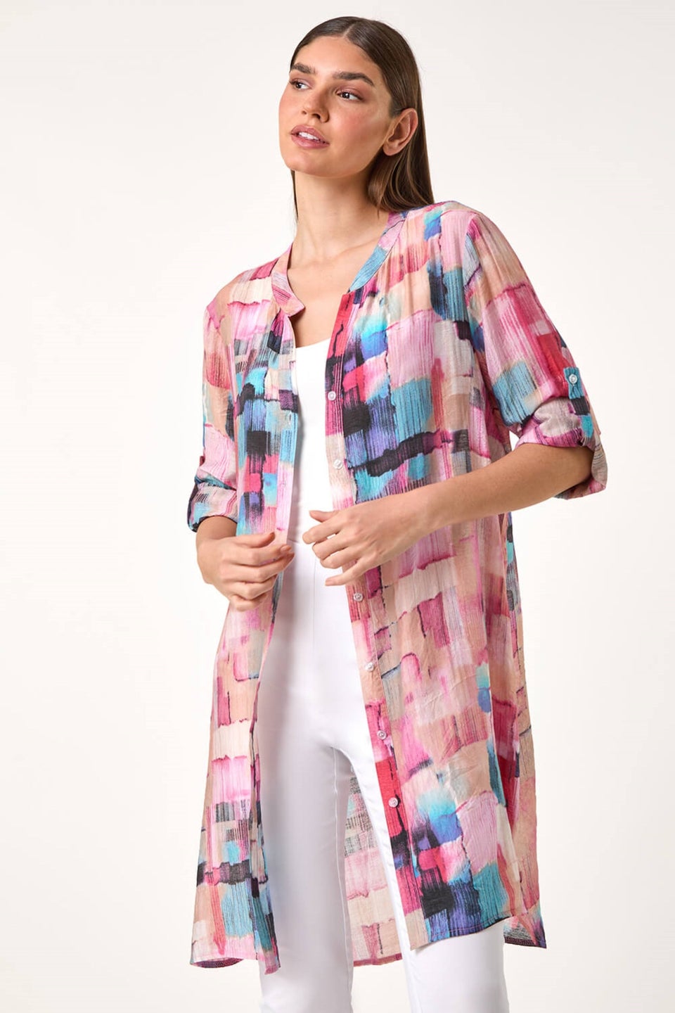 Roman Pink Abstract Print Longline Blouse