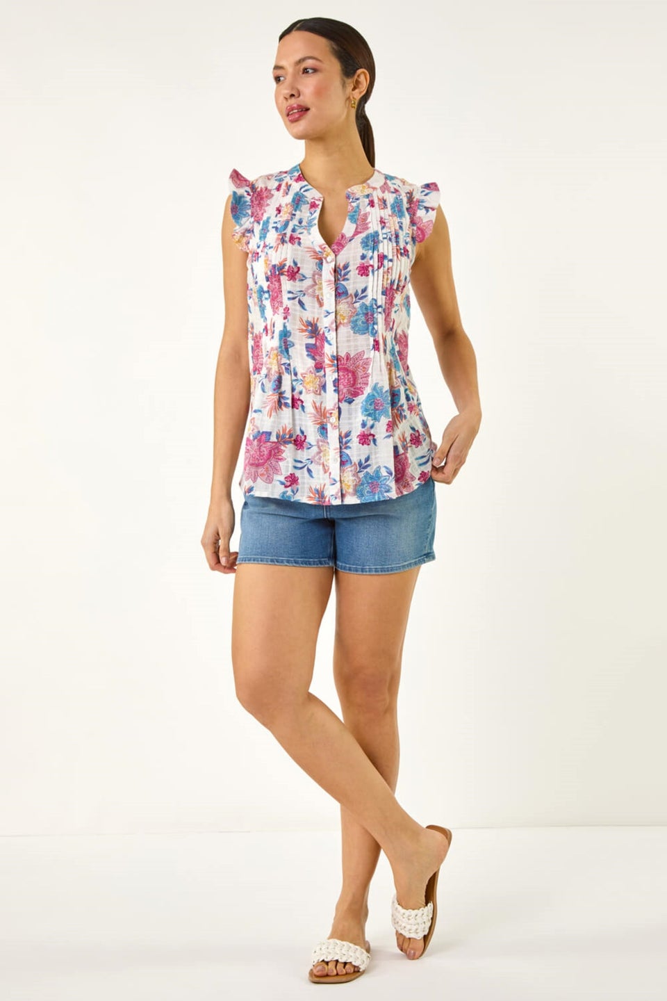 Roman Pink Floral Print Pintuck Frill Blouse