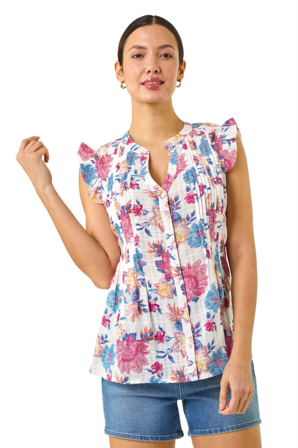 Roman Pink Floral Print Pintuck Frill Blouse