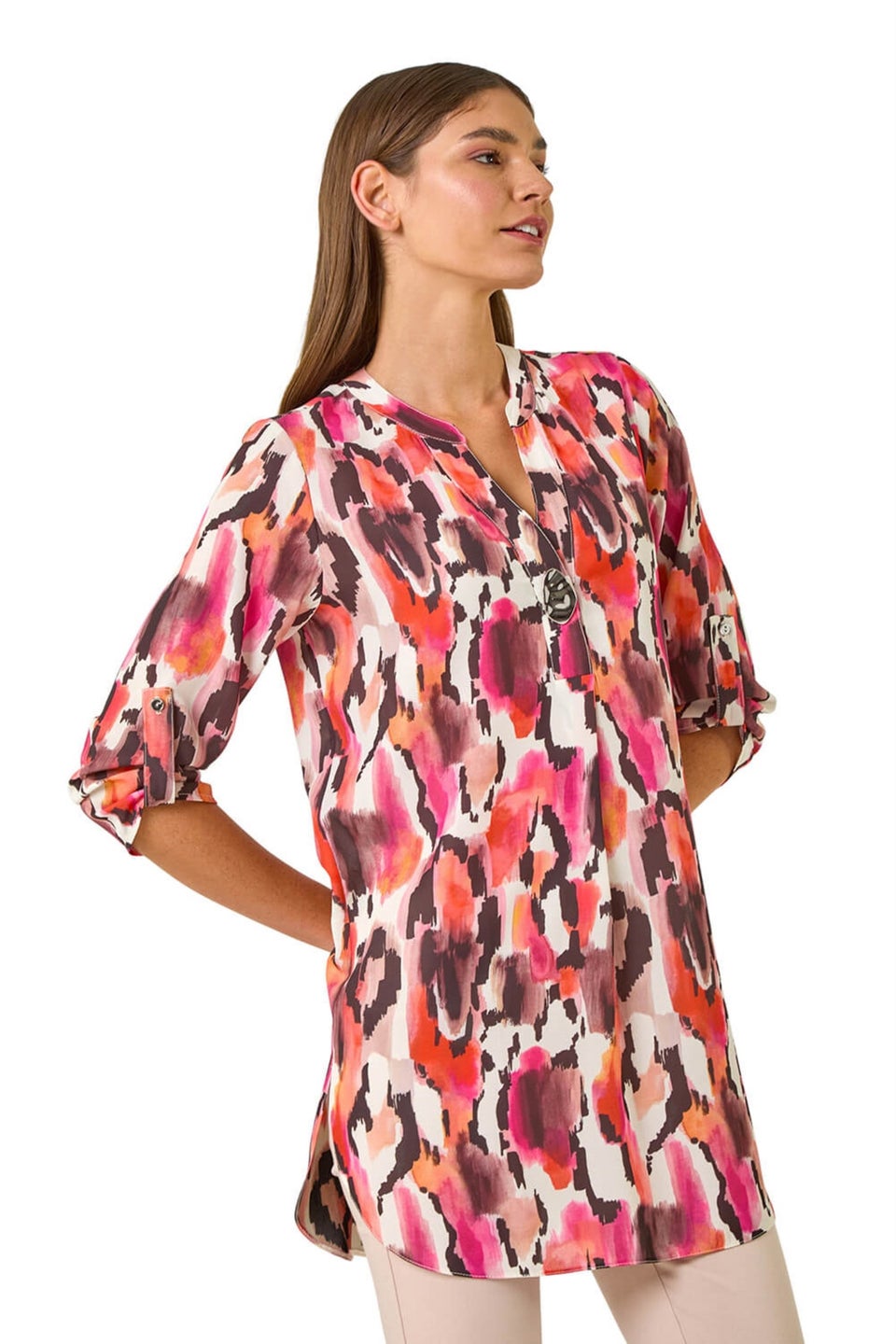 Roman Orange Abstract Print V Neck Button Top