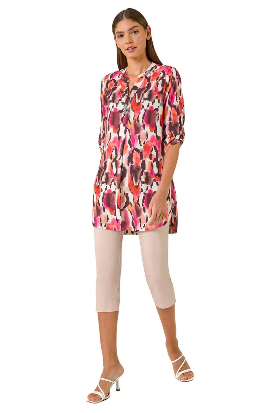 Roman Orange Abstract Print V Neck Button Top