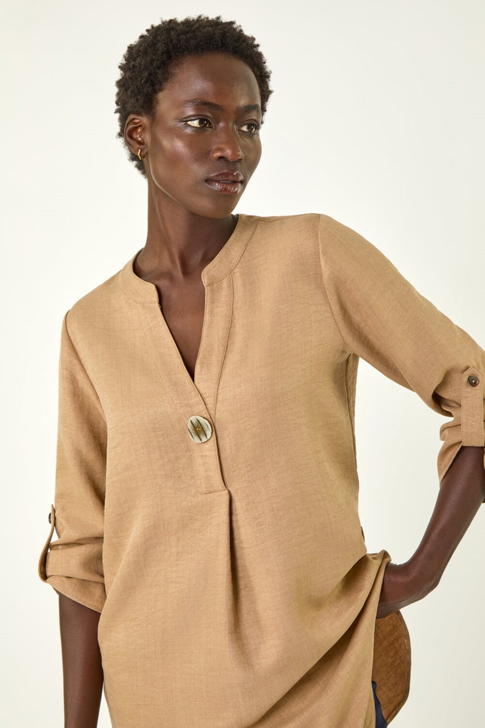 Roman Camel Horn Button Detail Longline Top