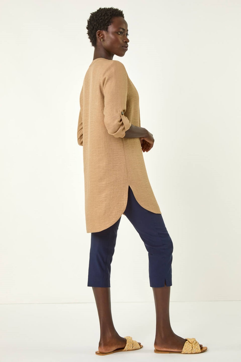 Roman Camel Horn Button Detail Longline Top