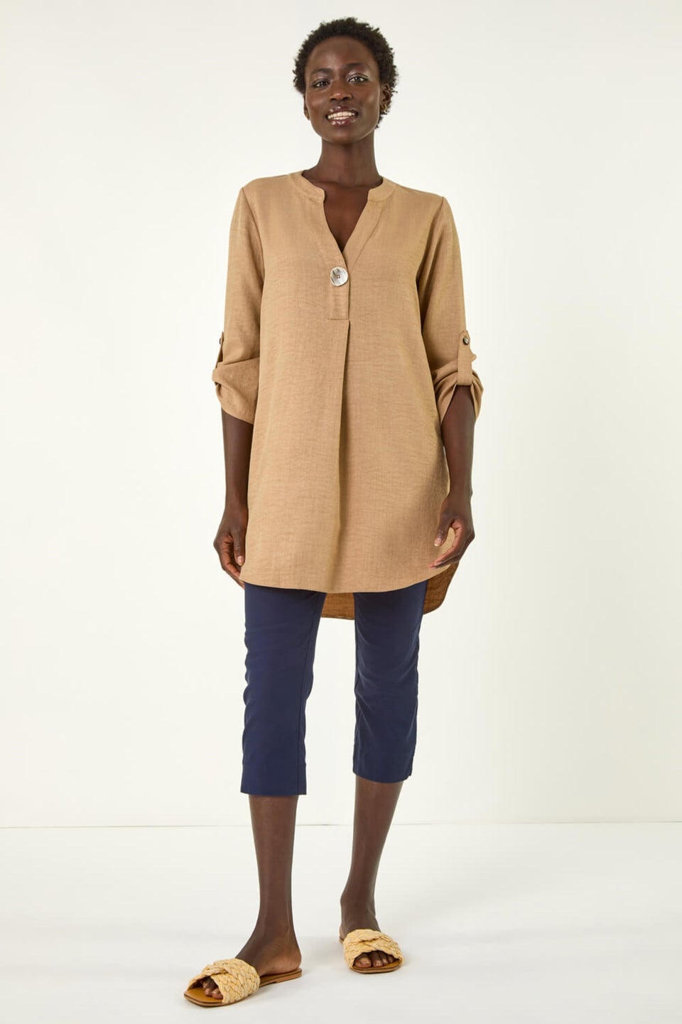 Roman Camel Horn Button Detail Longline Top