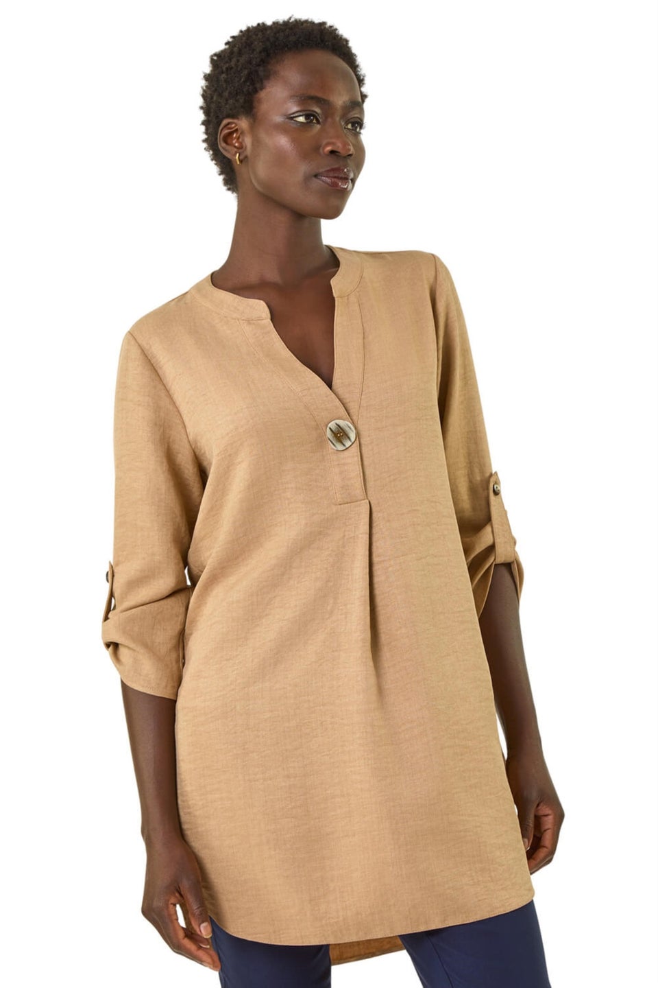 Roman Camel Horn Button Detail Longline Top
