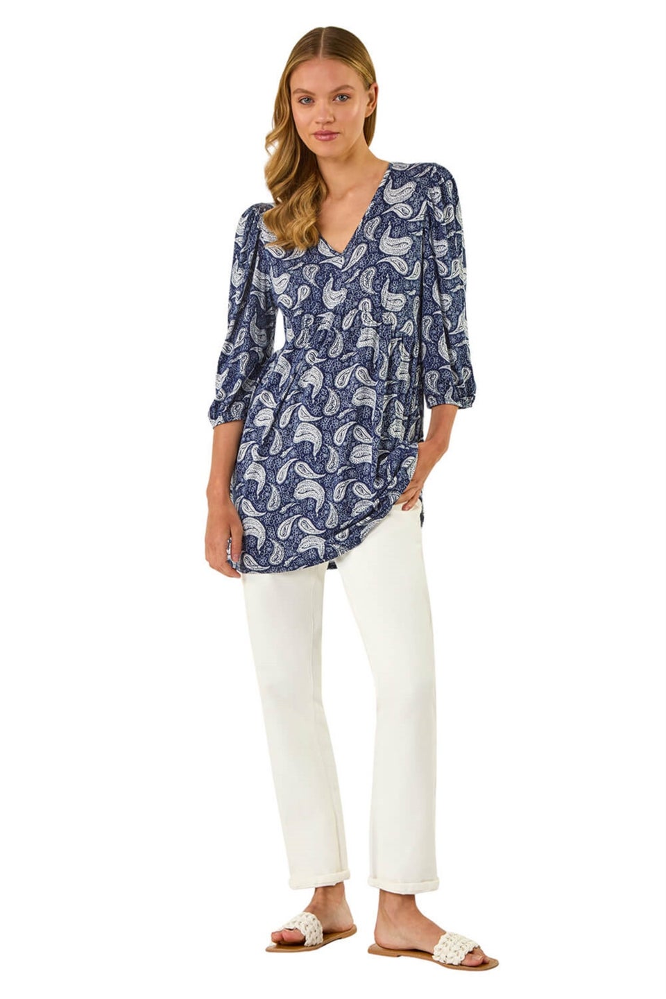 Roman Navy Paisley Print V Neck Stretch Top