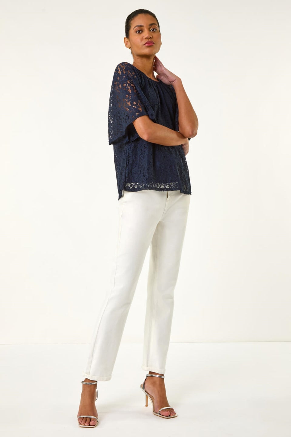 Roman Navy Lace Angel Sleeve Top