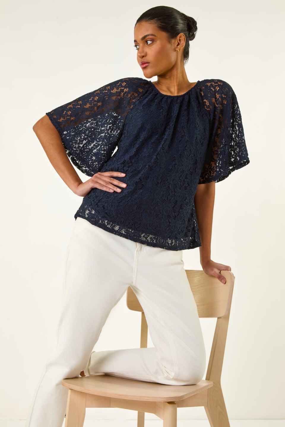 Roman Navy Lace Angel Sleeve Top
