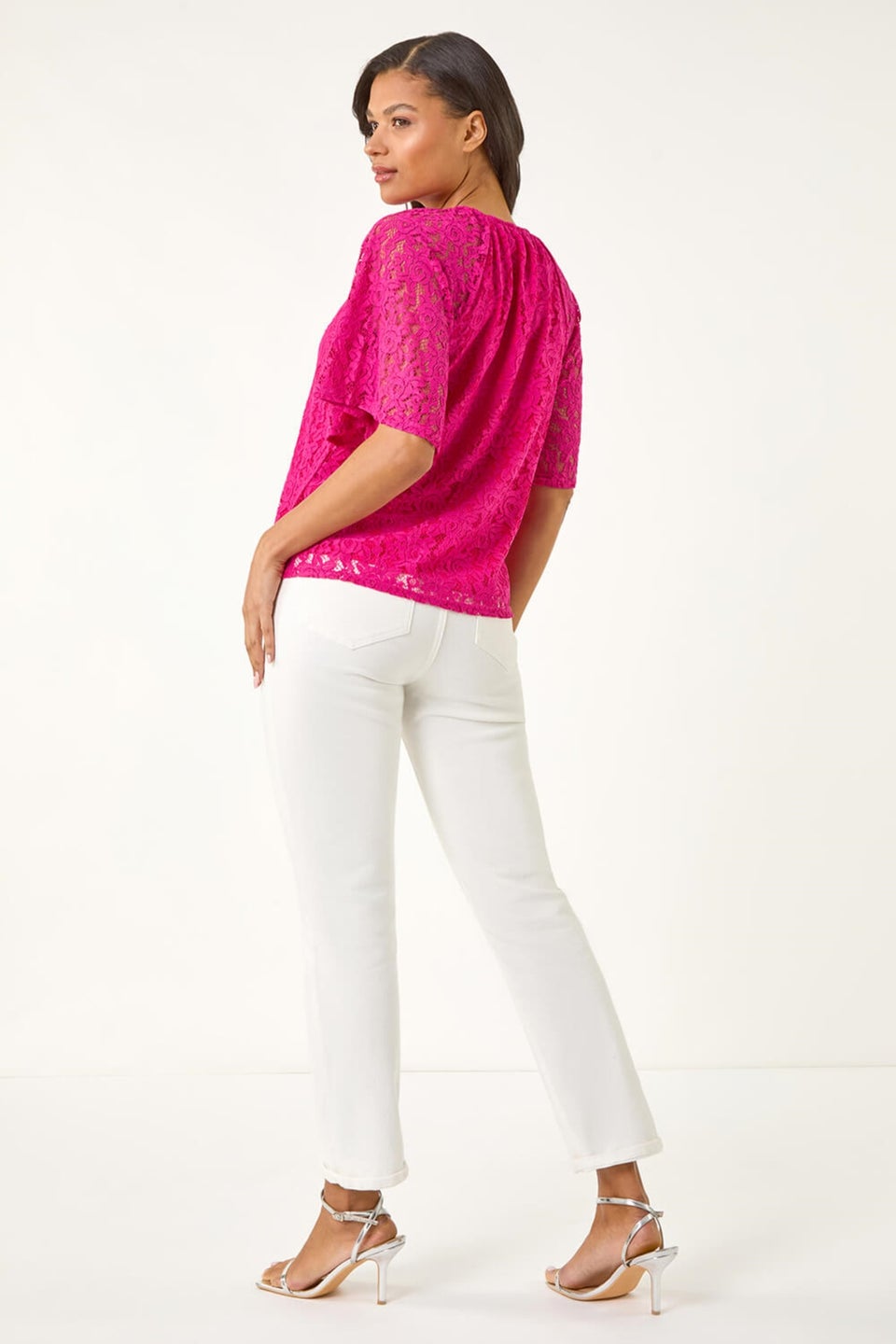 Roman Magenta Lace Angel Sleeve Stretch Top