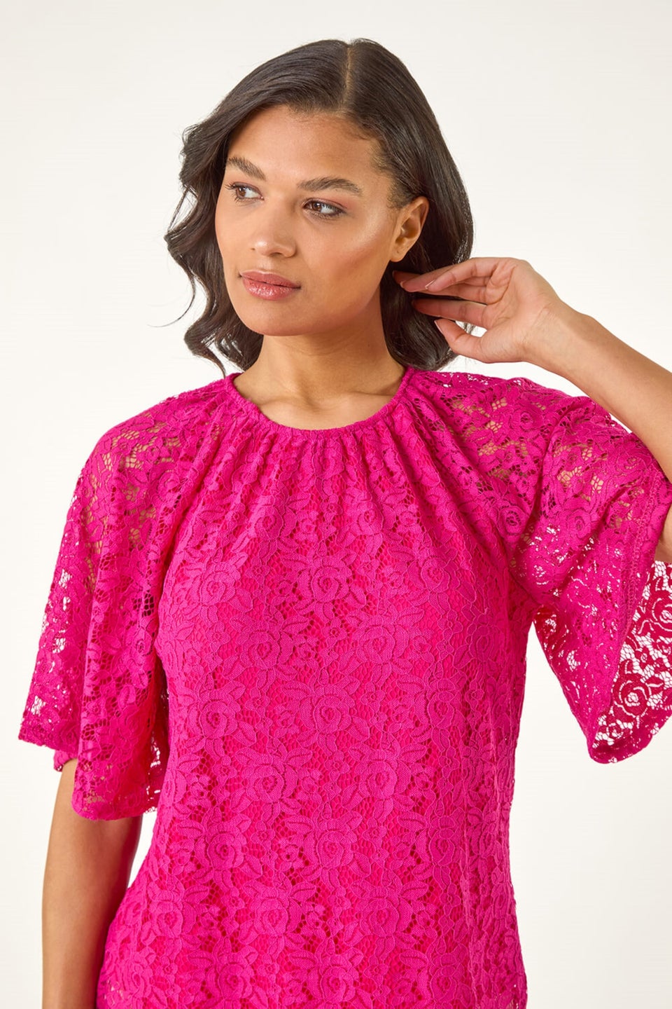 Roman Magenta Lace Angel Sleeve Stretch Top