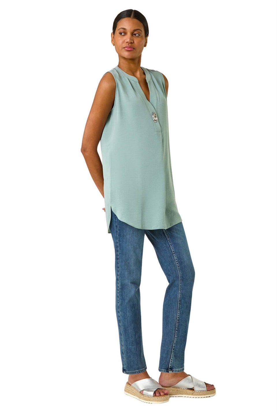 Roman Sage Longline Buttoned Vest Top