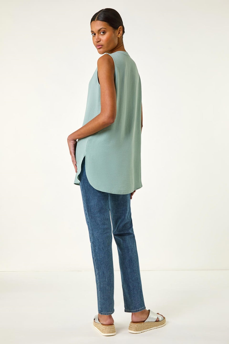 Roman Sage Longline Buttoned Vest Top
