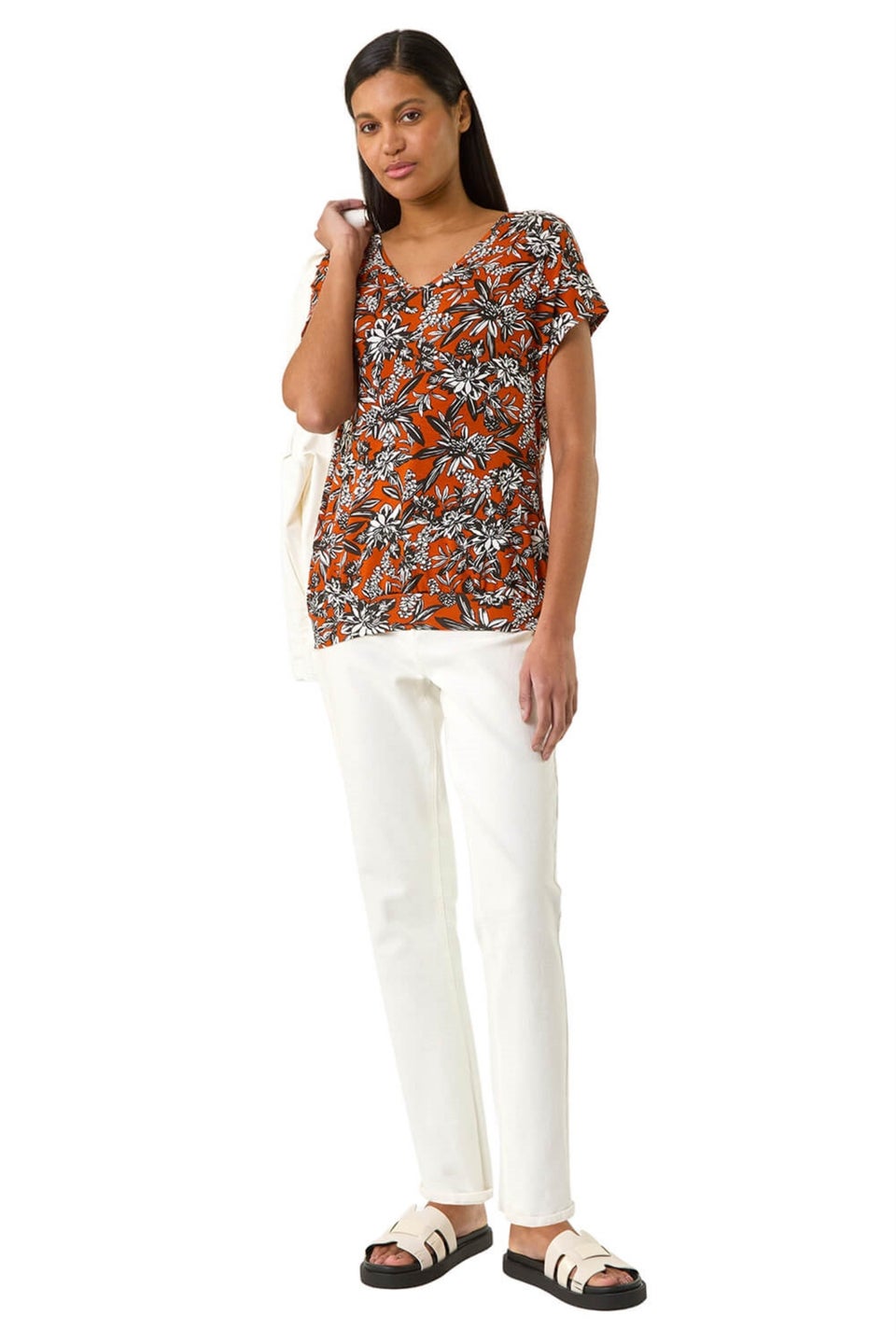 Roman Rust Printed V Neck Banded Hem Top