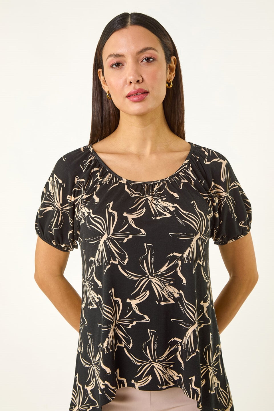 Roman Black Leaf Print Asymmetric Stretch Tunic Top