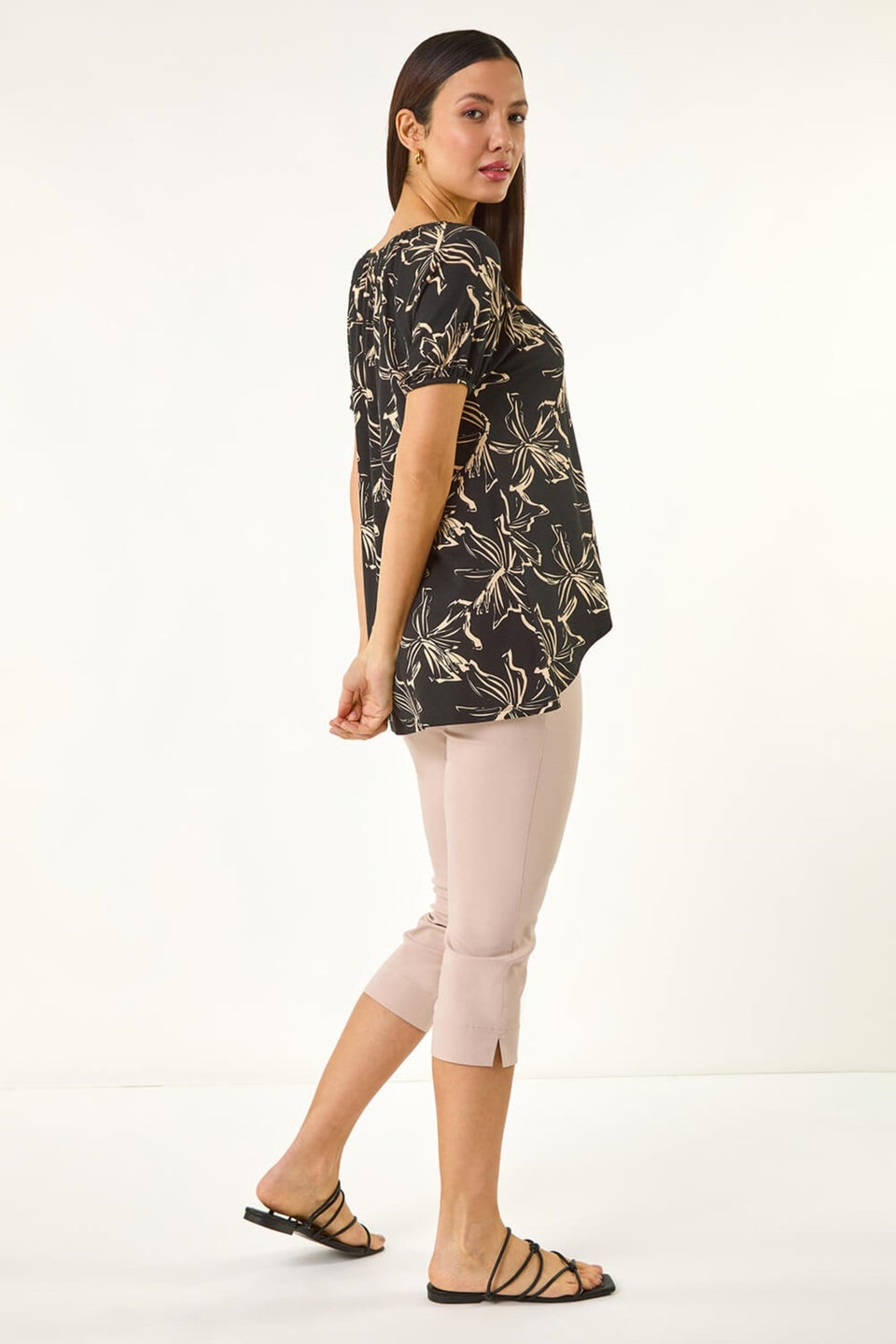 Roman Black Leaf Print Asymmetric Stretch Tunic Top