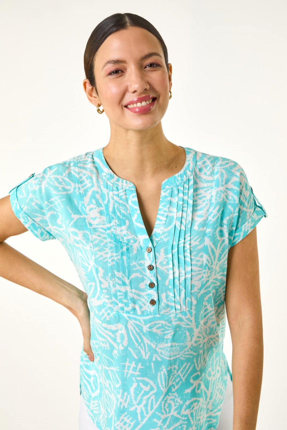 Roman Turquoise Leaf Print V Neck Button Top