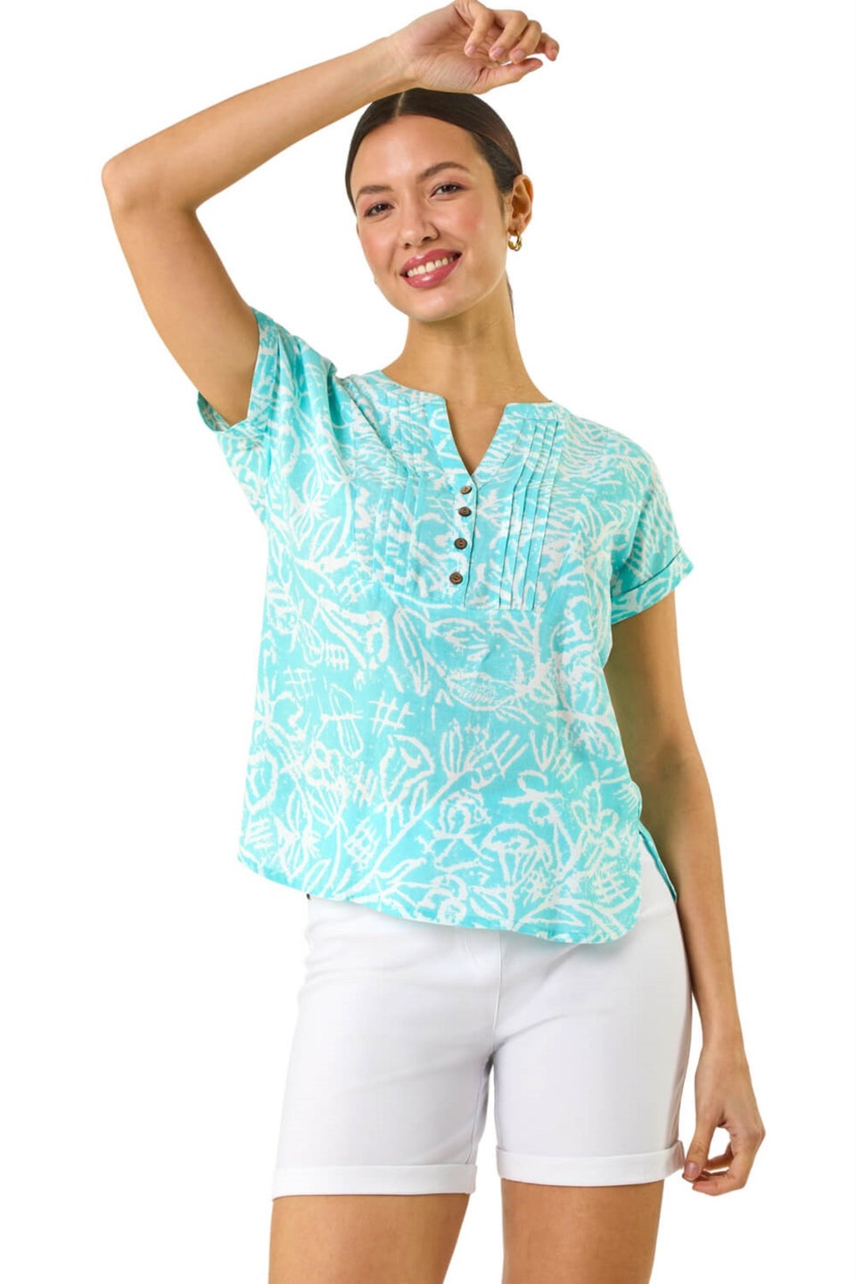 Roman Turquoise Leaf Print V Neck Button Top
