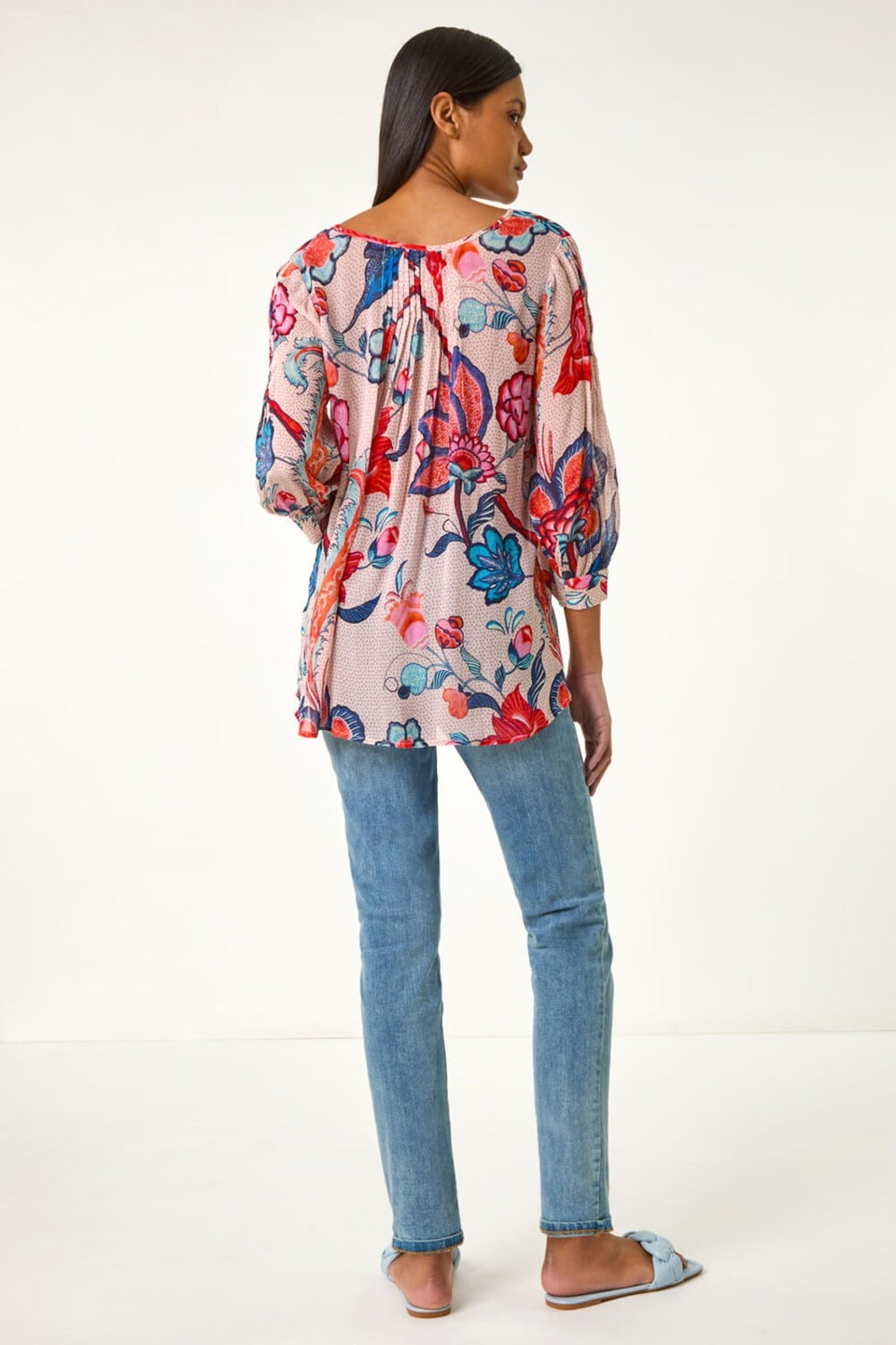 Roman Blue Floral Print Tie Front Top
