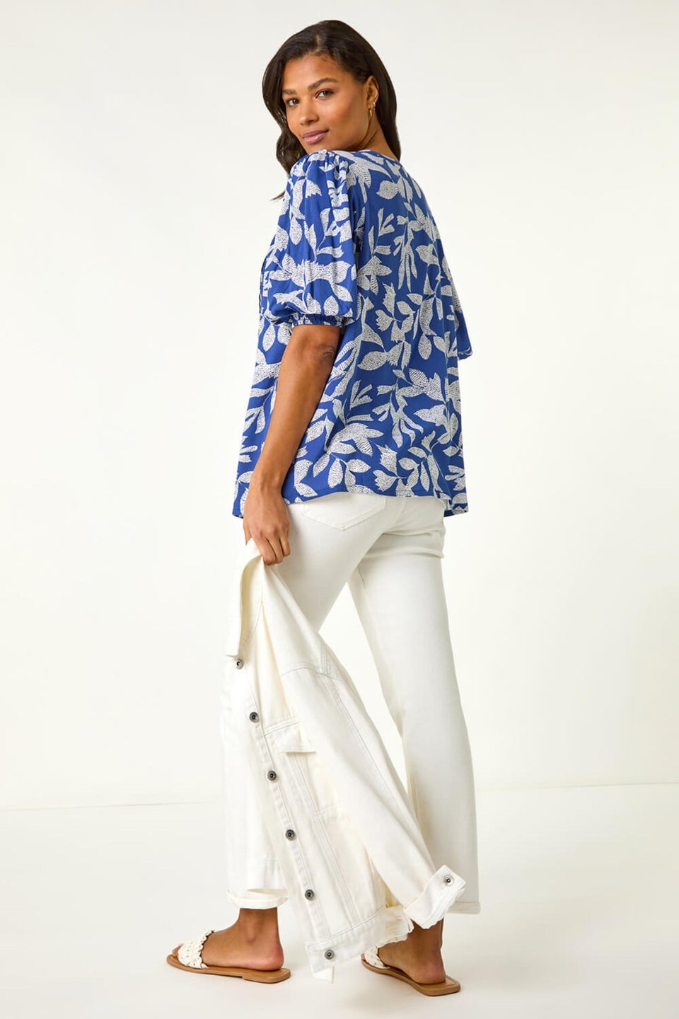Roman Blue Leaf Print Tie Neck Pleated Top